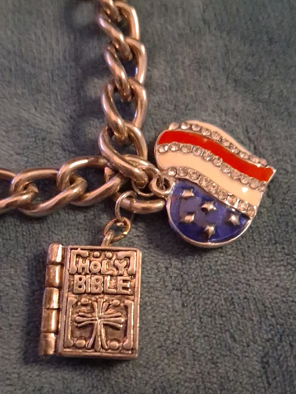 Silver Charm Bracelet with Hearts, Cross, Bible & Flag Charm Sz 8